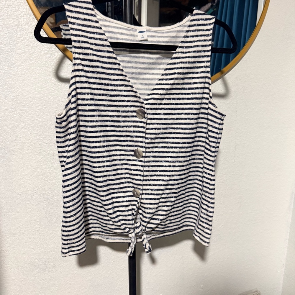 Striped Sleeveless Tie-Front Top - Navy & White